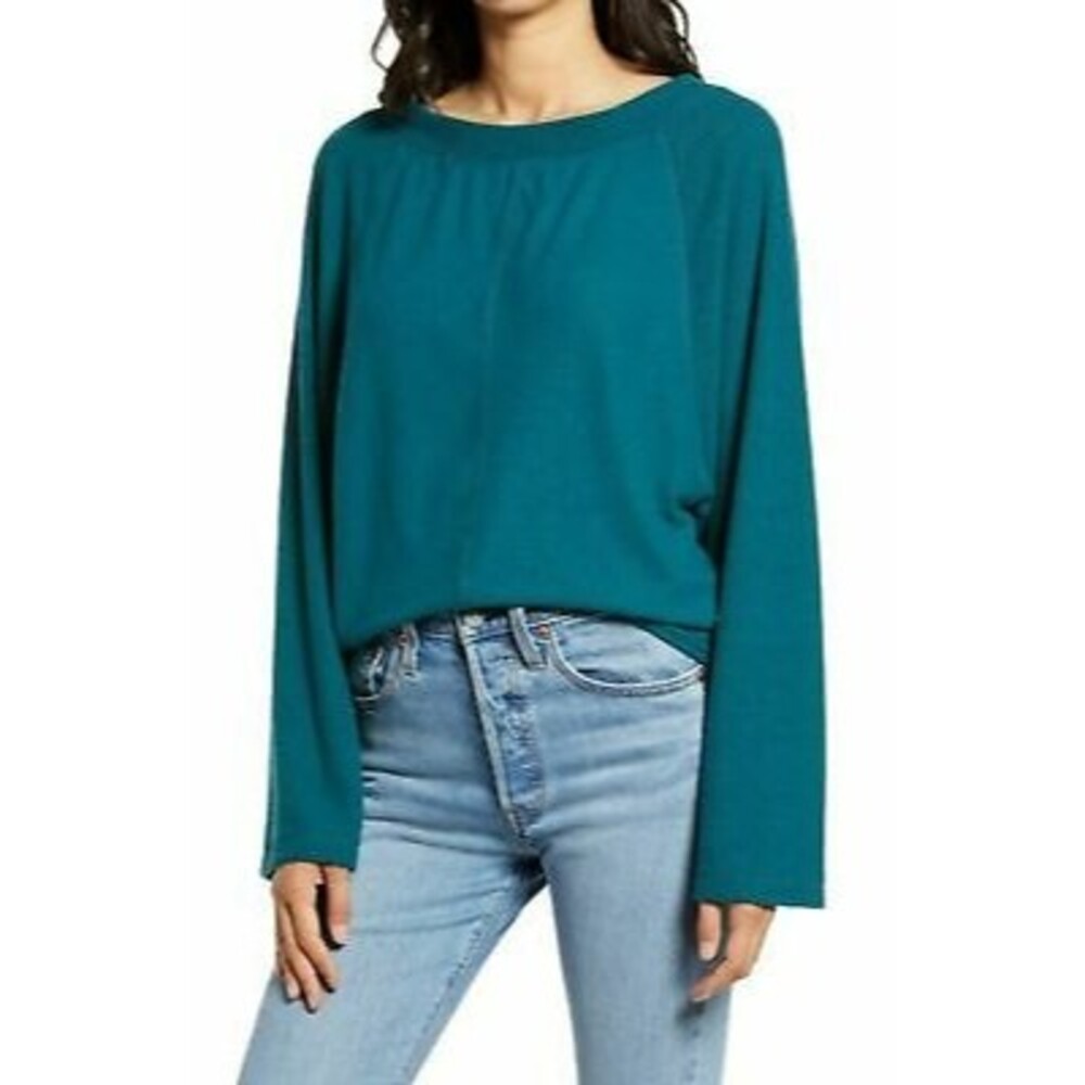 Treasure & Bond Cozy Raglan Sleeve Sweater Top Size M Rib Knit Teal NWT B62